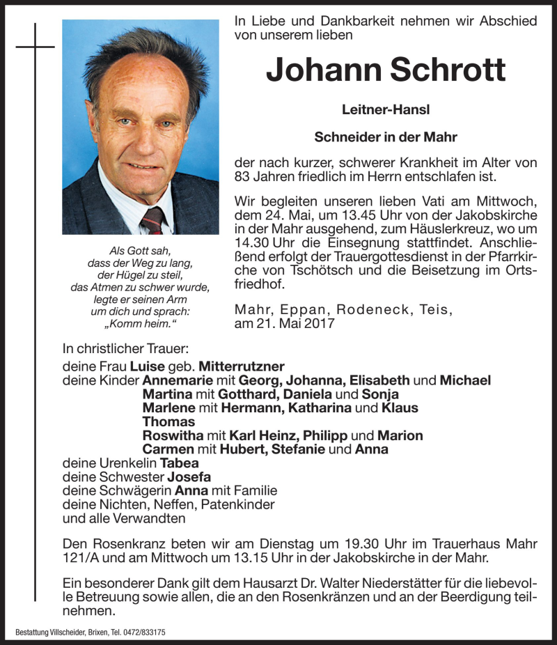  Traueranzeige für Johann Schrott vom 23.05.2017 aus Dolomiten