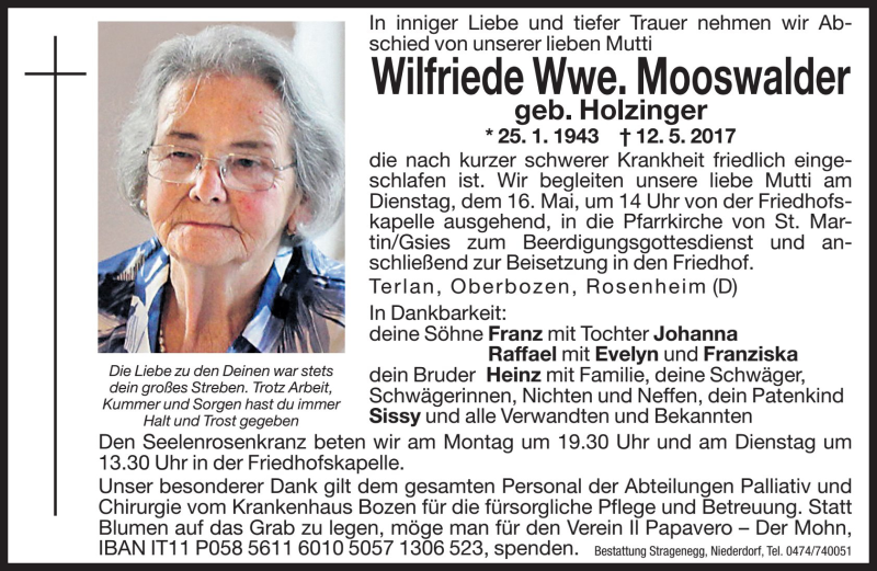  Traueranzeige für Wilfriede Mooswalder  vom 15.05.2017 aus Dolomiten