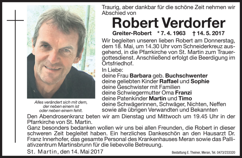  Traueranzeige für Robert Verdorfer vom 16.05.2017 aus Dolomiten