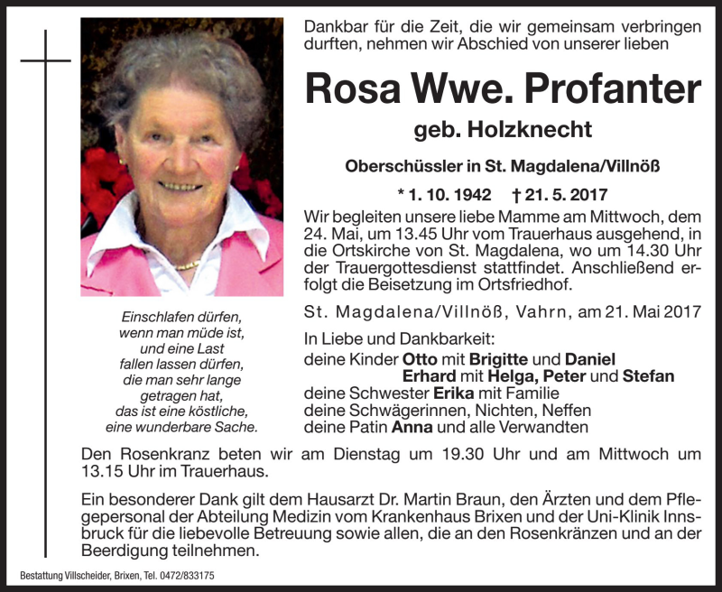  Traueranzeige für Rosa Profanter vom 23.05.2017 aus Dolomiten