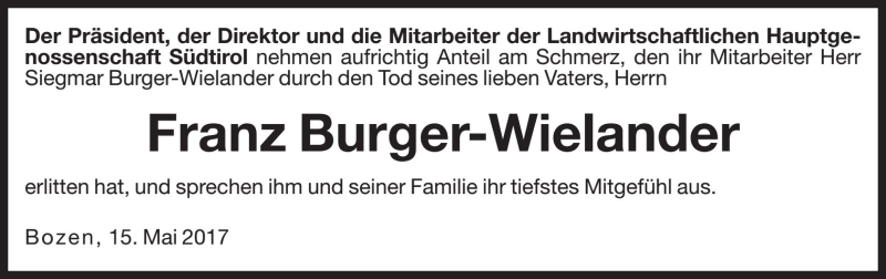 Traueranzeige für Franz Burger-Wielander vom 17.05.2017 aus Dolomiten