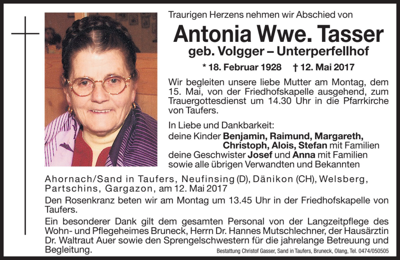  Traueranzeige für Antonia Tasser vom 15.05.2017 aus Dolomiten