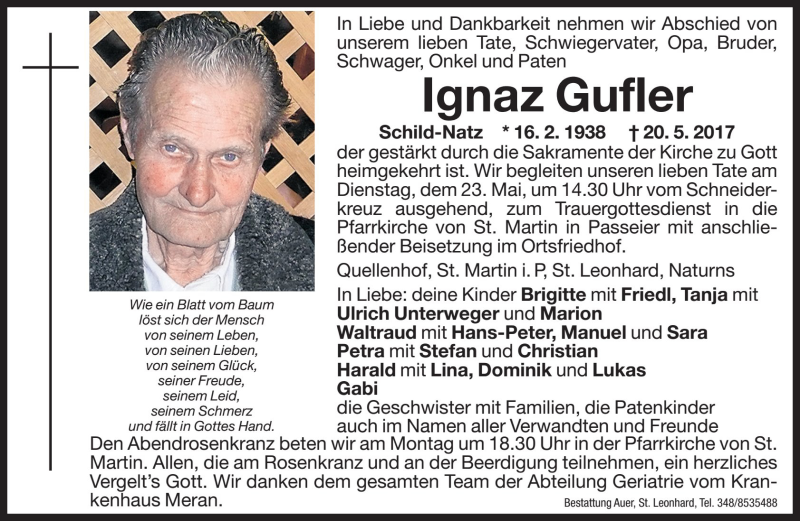 Traueranzeige für Ignaz Gufler vom 22.05.2017 aus Dolomiten