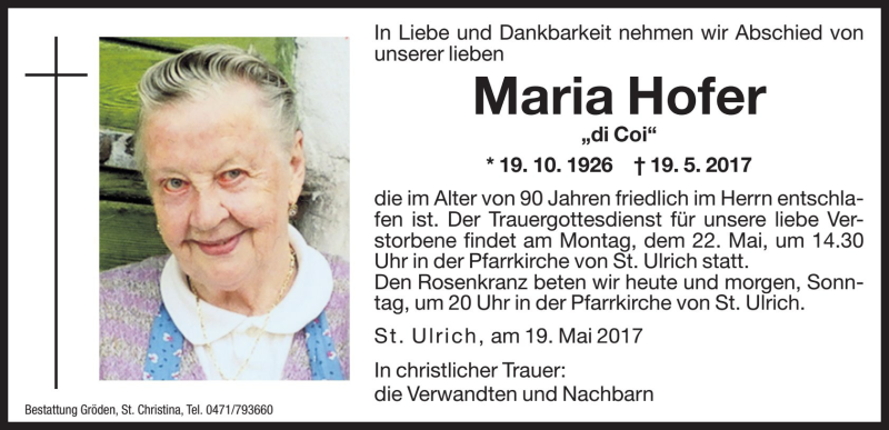  Traueranzeige für Maria Hofer vom 20.05.2017 aus Dolomiten