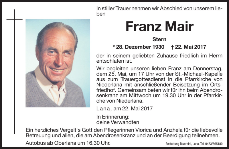  Traueranzeige für Franz Mair vom 24.05.2017 aus Dolomiten