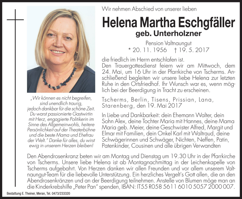  Traueranzeige für Helena Martha Eschgfäller vom 20.05.2017 aus Dolomiten