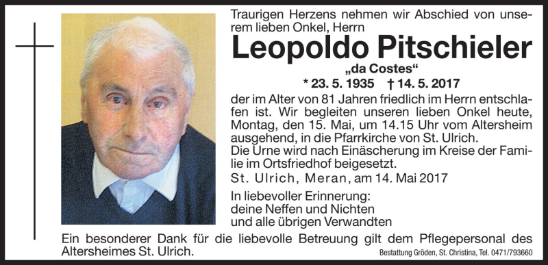  Traueranzeige für Leopoldo Pitschieler vom 15.05.2017 aus Dolomiten