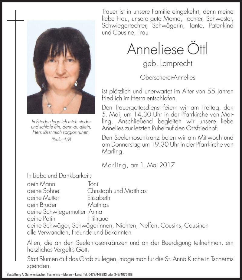  Traueranzeige für Anneliese Öttl  vom 03.05.2017 aus Dolomiten