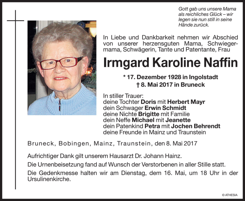  Traueranzeige für Irmgard Karoline Naffin vom 15.05.2017 aus Dolomiten