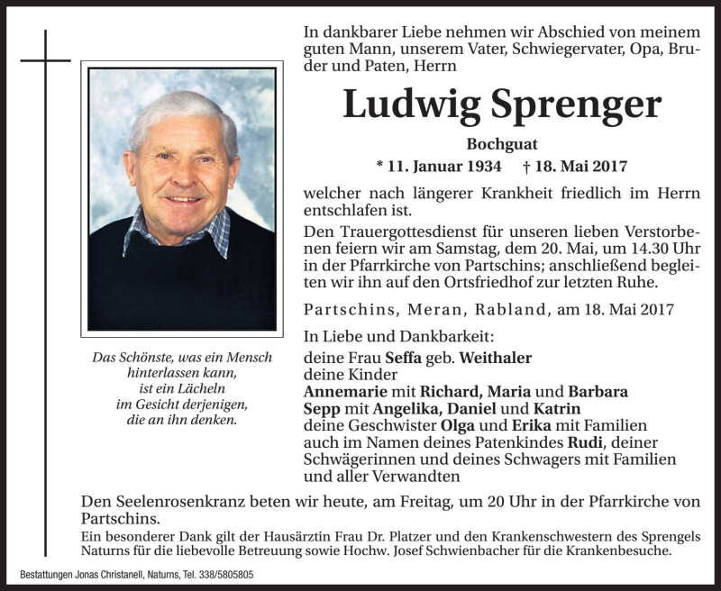  Traueranzeige für Ludwig Sprenger vom 19.05.2017 aus Dolomiten