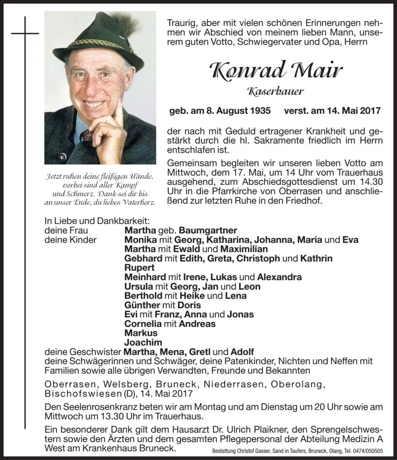  Traueranzeige für Konrad Mair vom 15.05.2017 aus Dolomiten