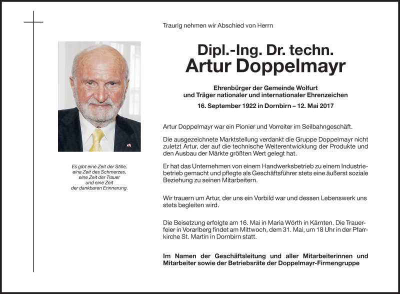  Traueranzeige für Artur Doppelmayr vom 20.05.2017 aus Dolomiten