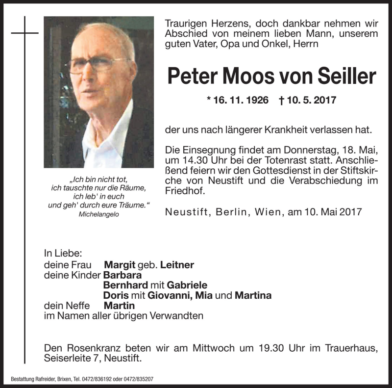  Traueranzeige für Peter Moos von Seiller vom 16.05.2017 aus Dolomiten