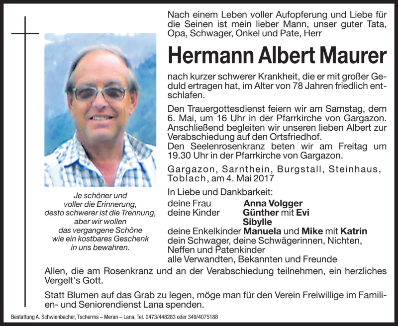  Traueranzeige für Hermann Albert Maurer vom 05.05.2017 aus Dolomiten