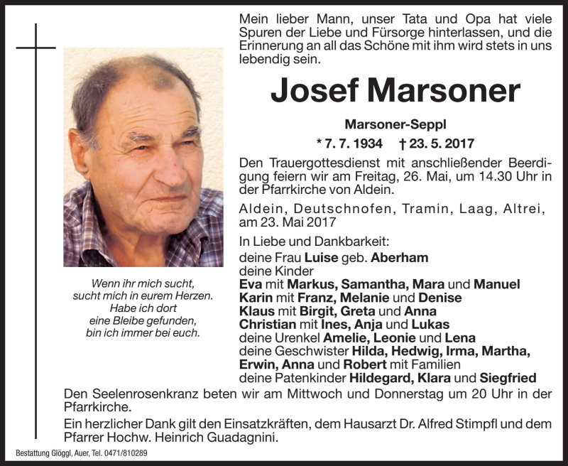  Traueranzeige für Josef Marsoner vom 24.05.2017 aus Dolomiten