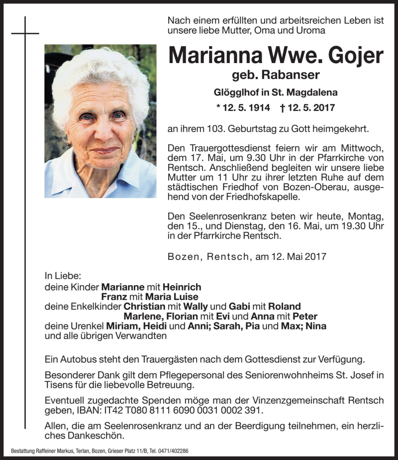  Traueranzeige für Marianna Gojer vom 15.05.2017 aus Dolomiten