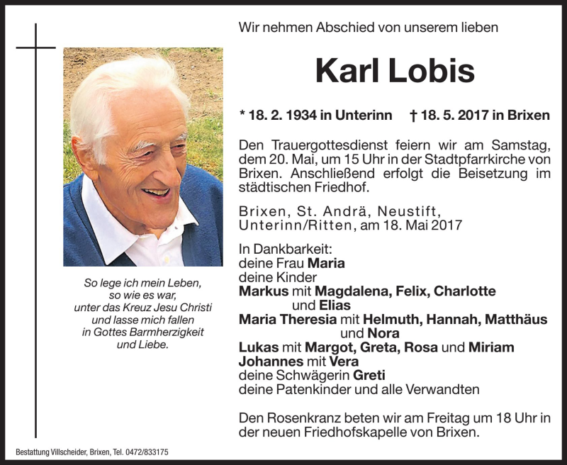  Traueranzeige für Karl Lobis vom 19.05.2017 aus Dolomiten