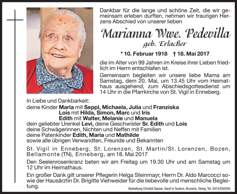  Traueranzeige für Marianna Pedevilla vom 19.05.2017 aus Dolomiten
