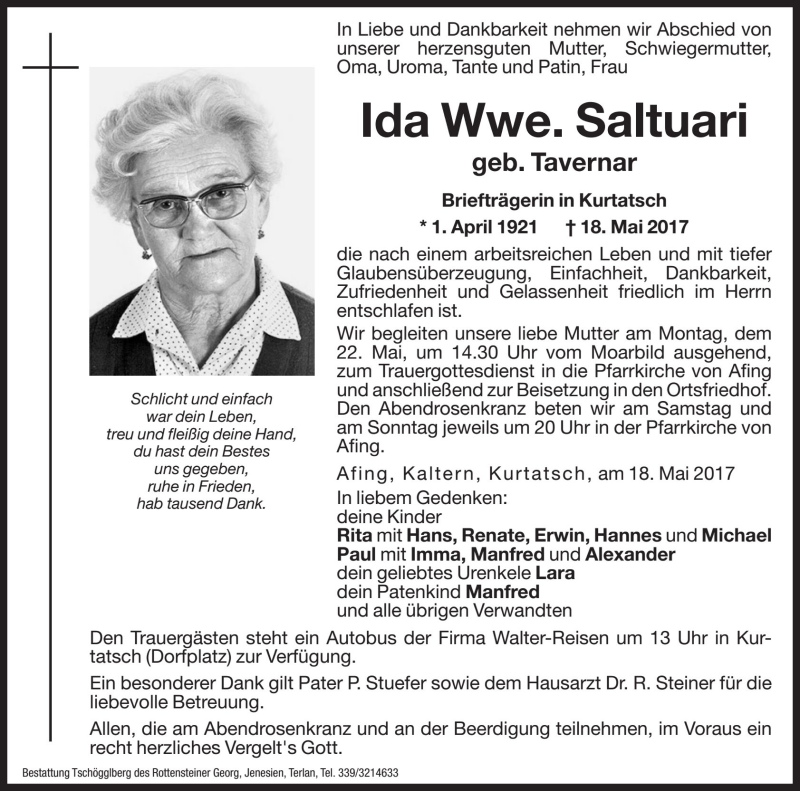  Traueranzeige für Ida Saltuari vom 20.05.2017 aus Dolomiten