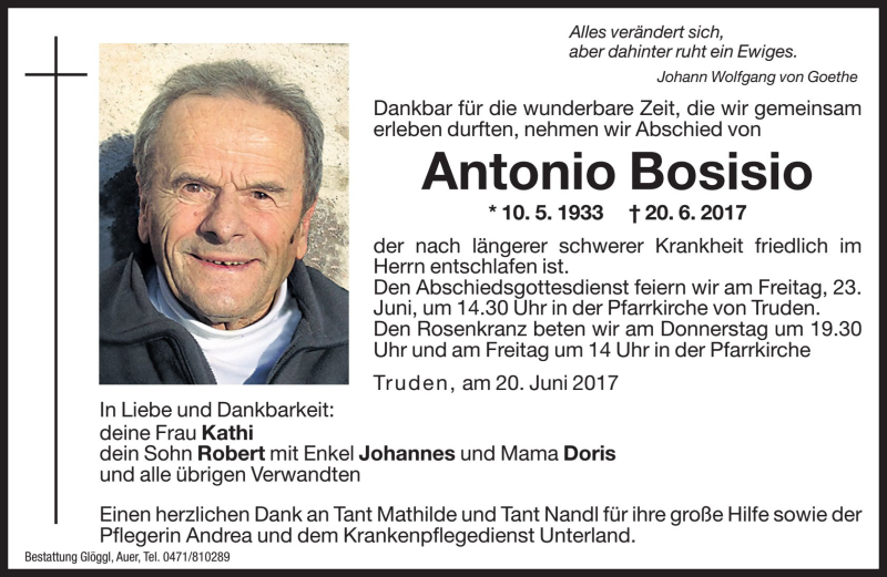  Traueranzeige für Antonio Bosisio vom 21.06.2017 aus Dolomiten