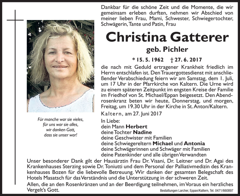  Traueranzeige für Christina Gatterer vom 29.06.2017 aus Dolomiten