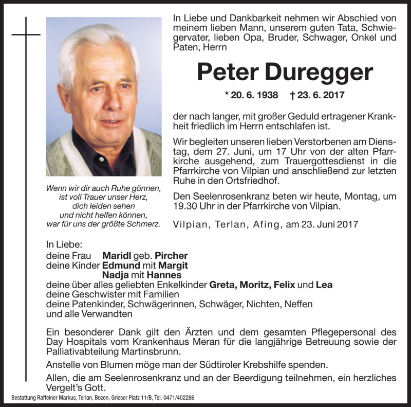  Traueranzeige für Peter Duregger vom 26.06.2017 aus Dolomiten