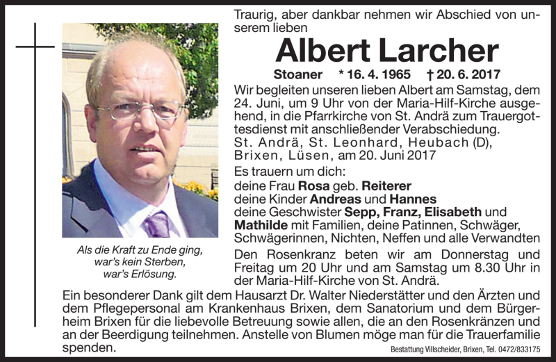  Traueranzeige für Albert Larcher vom 22.06.2017 aus Dolomiten