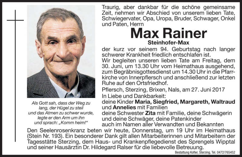  Traueranzeige für Max Rainer vom 29.06.2017 aus Dolomiten