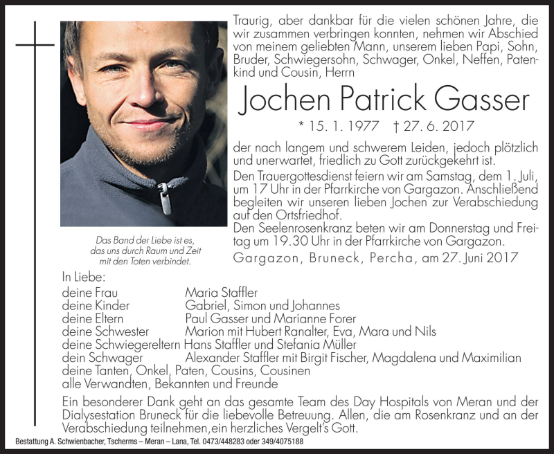  Traueranzeige für Jochen Patrick Gasser vom 29.06.2017 aus Dolomiten