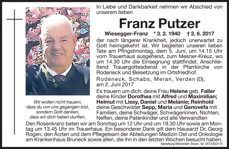  Traueranzeige für Franz Putzer vom 03.06.2017 aus Dolomiten