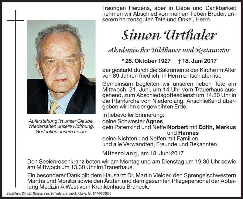  Traueranzeige für Simon Urthaler vom 19.06.2017 aus Dolomiten
