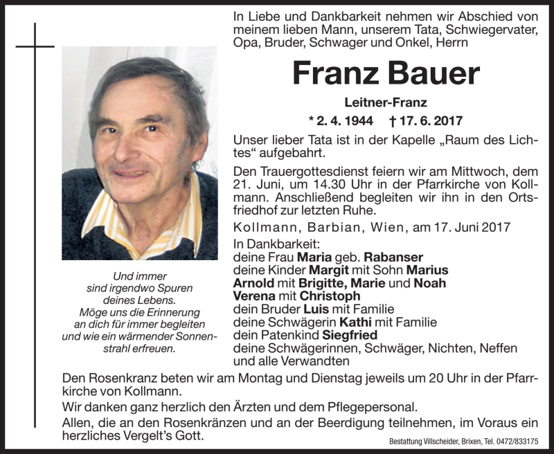  Traueranzeige für Franz Bauer vom 19.06.2017 aus Dolomiten