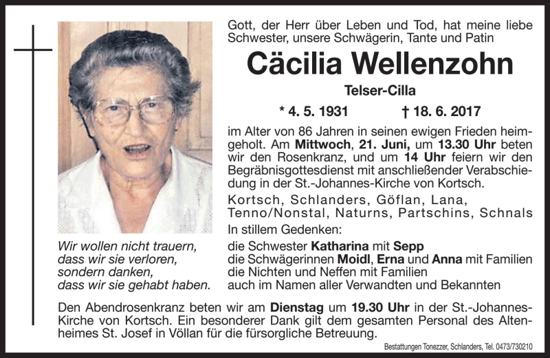  Traueranzeige für Cäcilia Wellenzohn vom 20.06.2017 aus Dolomiten