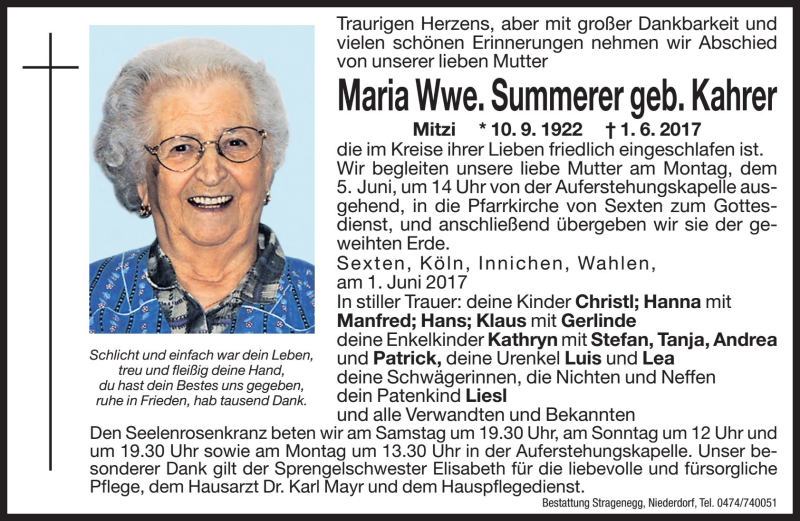  Traueranzeige für Maria Summerer vom 03.06.2017 aus Dolomiten