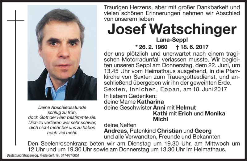  Traueranzeige für Josef Watschinger vom 20.06.2017 aus Dolomiten