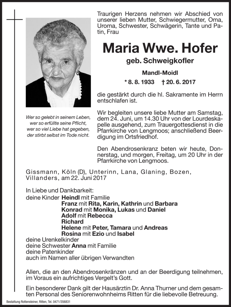  Traueranzeige für Maria Hofer vom 22.06.2017 aus Dolomiten