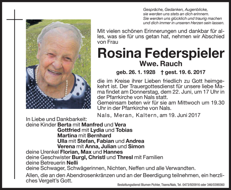  Traueranzeige für Rosina Rauch vom 21.06.2017 aus Dolomiten