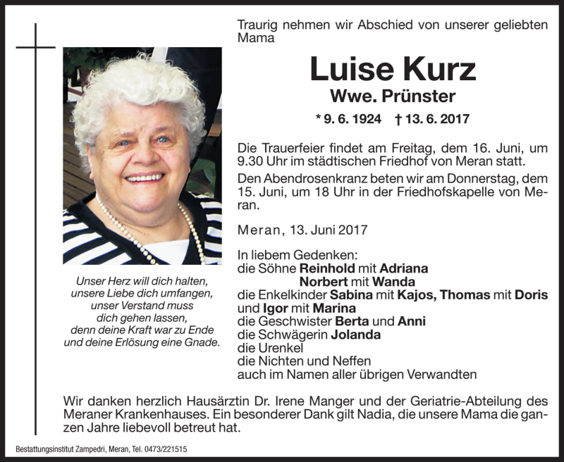  Traueranzeige für Luise Prünster vom 15.06.2017 aus Dolomiten