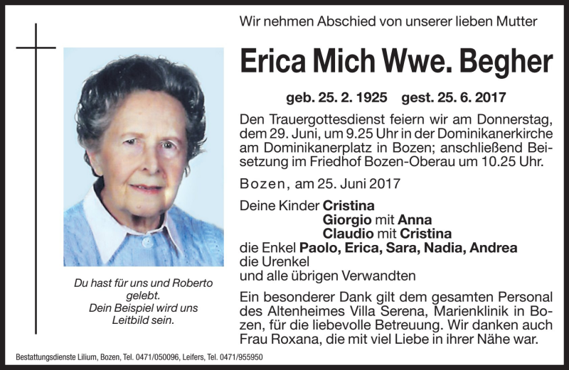  Traueranzeige für Erica Begher vom 28.06.2017 aus Dolomiten