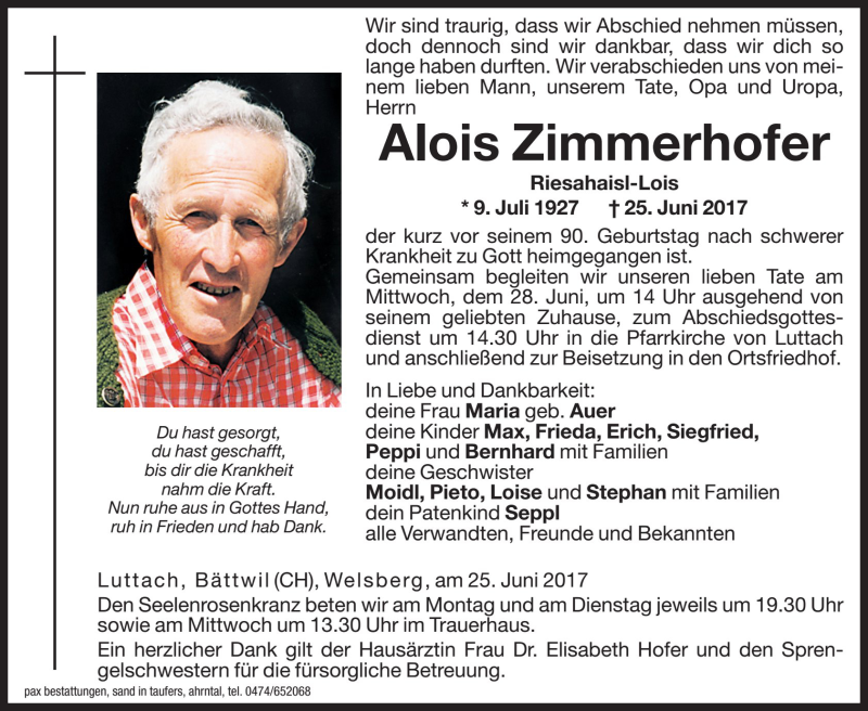  Traueranzeige für Alois Zimmerhofer vom 26.06.2017 aus Dolomiten