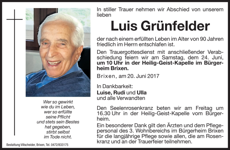  Traueranzeige für Luis Grünfelder vom 22.06.2017 aus Dolomiten