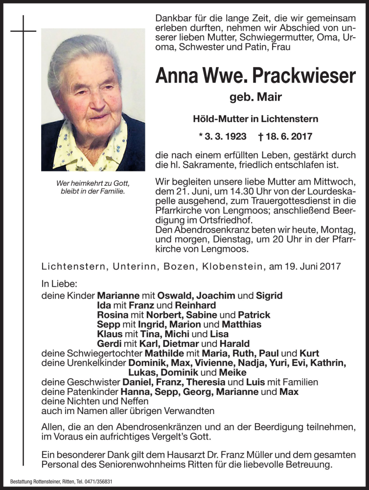  Traueranzeige für Anna Prackwieser vom 19.06.2017 aus Dolomiten