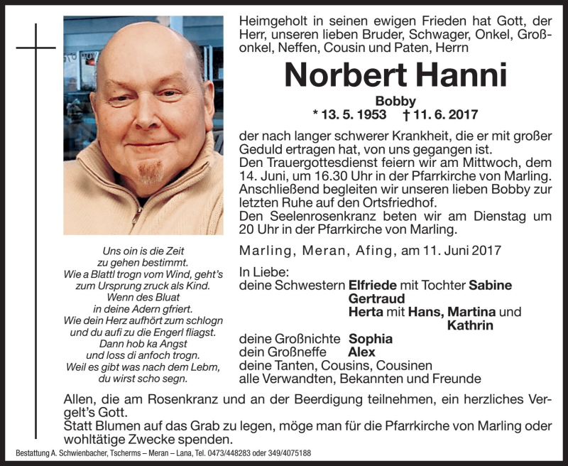  Traueranzeige für Norbert Hanni vom 13.06.2017 aus Dolomiten