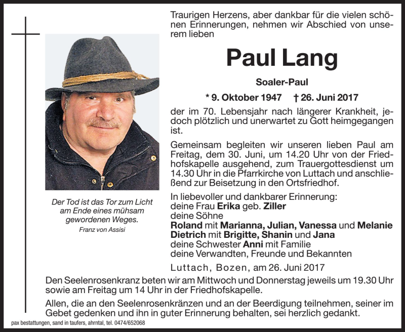  Traueranzeige für Paul Lang vom 28.06.2017 aus Dolomiten