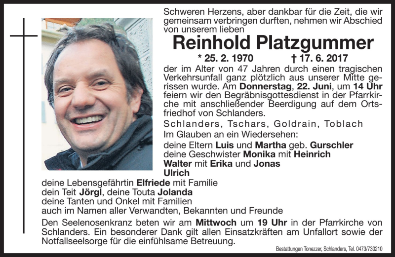  Traueranzeige für Reinhold Platzgummer vom 21.06.2017 aus Dolomiten