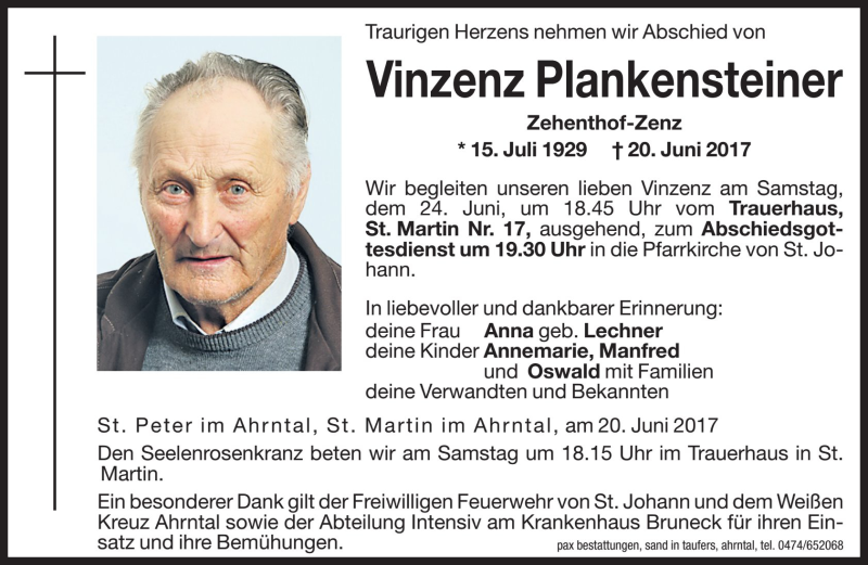  Traueranzeige für Vinzenz Plankensteiner vom 24.06.2017 aus Dolomiten