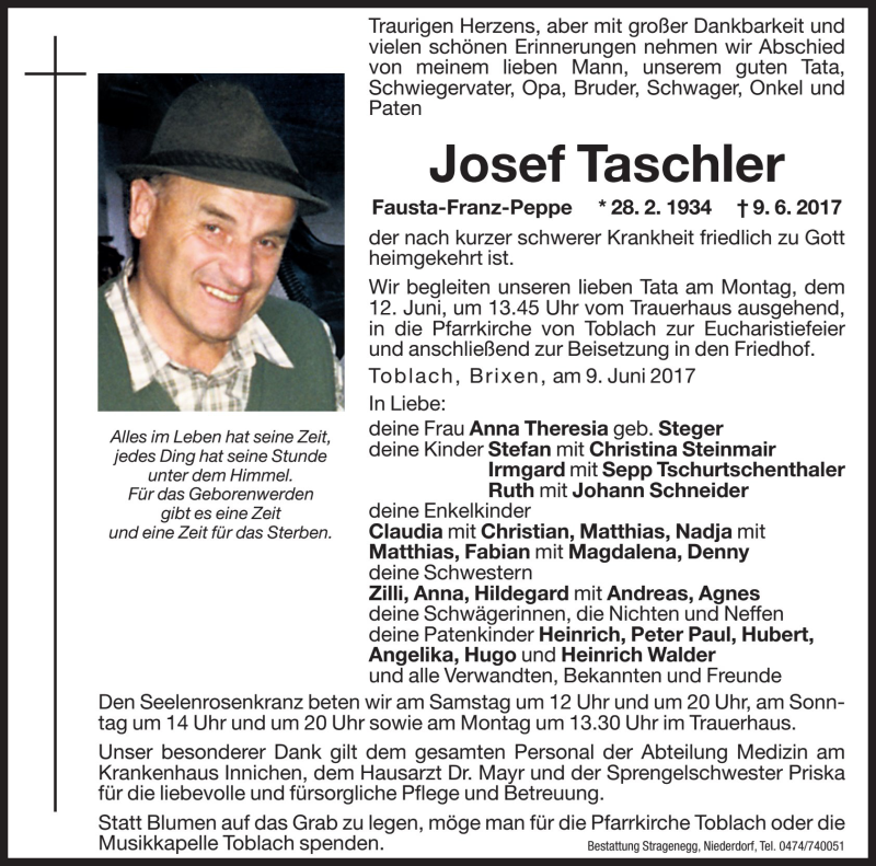  Traueranzeige für Josef Taschler vom 10.06.2017 aus Dolomiten