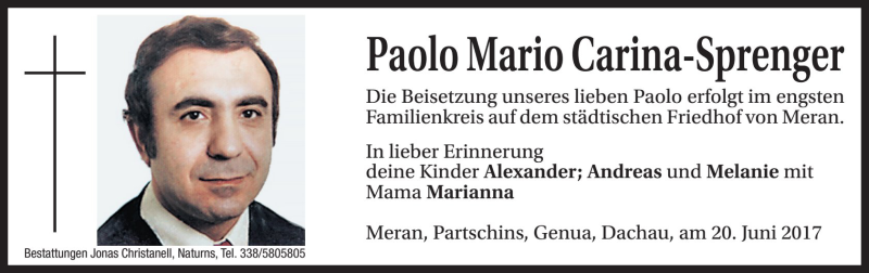  Traueranzeige für Paolo Mario Carina-Sprenger vom 21.06.2017 aus Dolomiten