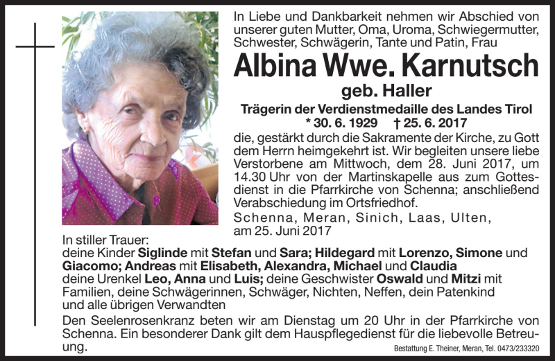  Traueranzeige für Albina Karnutsch vom 27.06.2017 aus Dolomiten