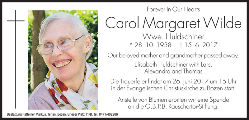  Traueranzeige für Carol Margaret Huldschiner vom 23.06.2017 aus Dolomiten